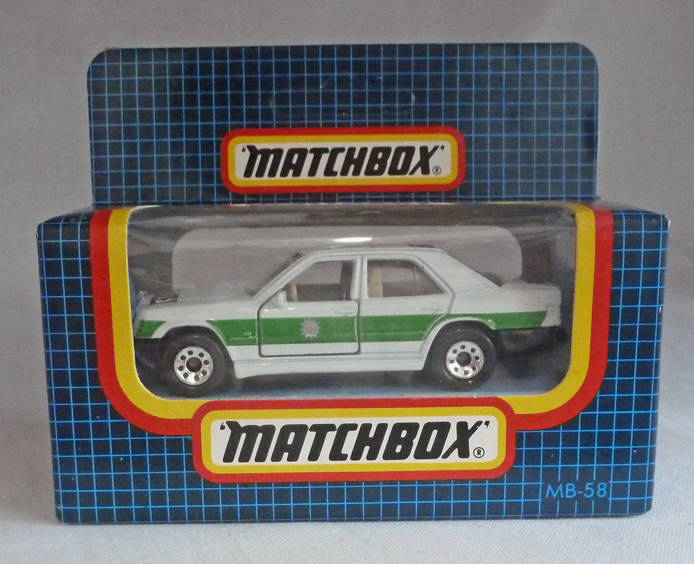 Rockertron Toys. Matchbox Dark Blue Box MB58 Mercedes 300E Polizei