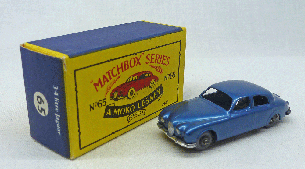 Rockertron Toys. Moko Lesney Matchbox MB65a Jaguar METALLIC BLUE B5 Box